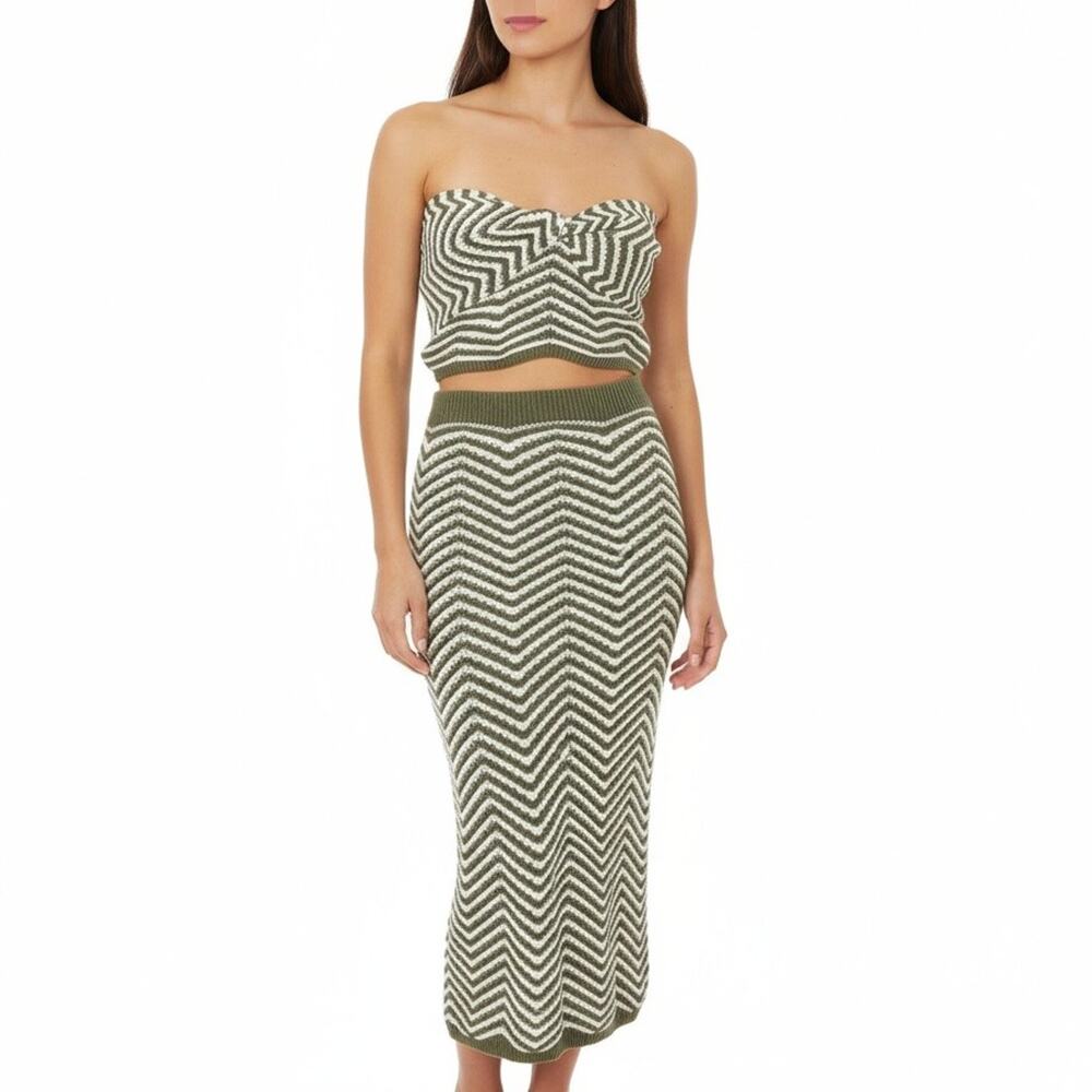 Willow & Wind Womens SMALL Knit Set Olive Green White Chevron Top Midi Skirt